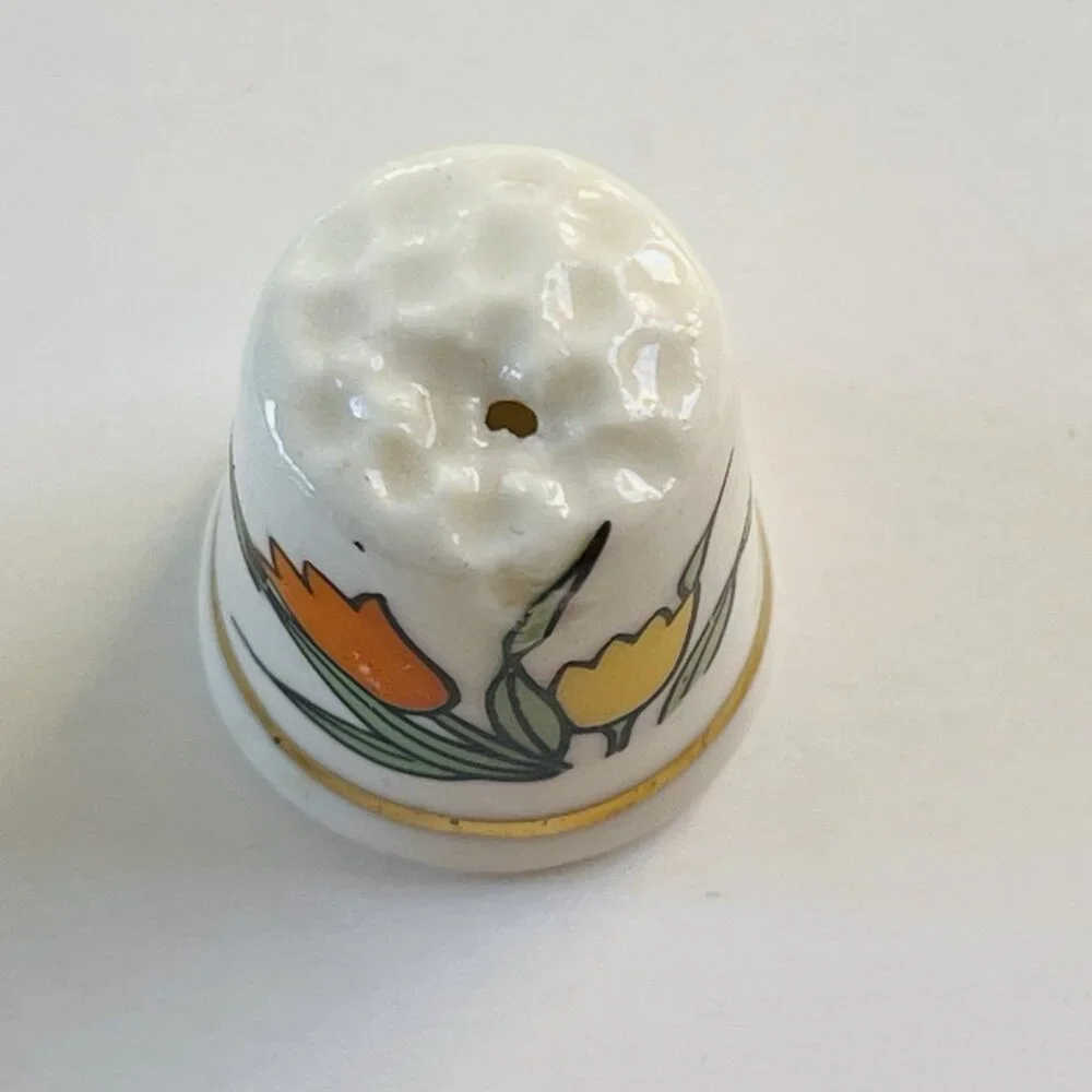 Spring Flowers Porcelain Thimble Tulip Gold Trim Floral Yellow Orange Decor Item